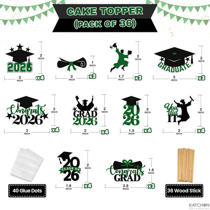 KatchOn, Green and Black Graduation Cake Topper 2026 - Pack of 36 | Graduation Cupcake Toppers 2026, Graduation Cake Toppers 2026 for Green and Black Graduation Decorations 2026