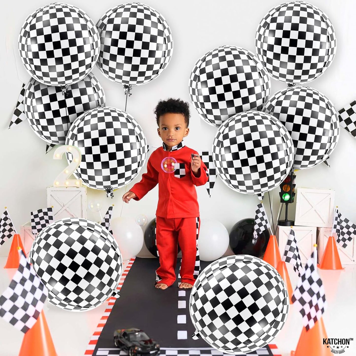 KatchOn, Black and White Checkered Balloons - 22 Inch, Pack of 12 | 4D Sphere Race Car Balloons | One Happy Dude Birthday Decorations | Checkered Flag Balloons for Race Car Birthday Party Supplies