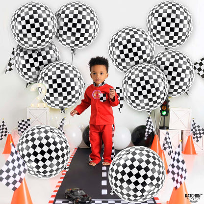 KatchOn, Black and White Checkered Balloons - 22 Inch, Pack of 12 | 4D Sphere Race Car Balloons | One Happy Dude Birthday Decorations | Checkered Flag Balloons for Race Car Birthday Party Supplies