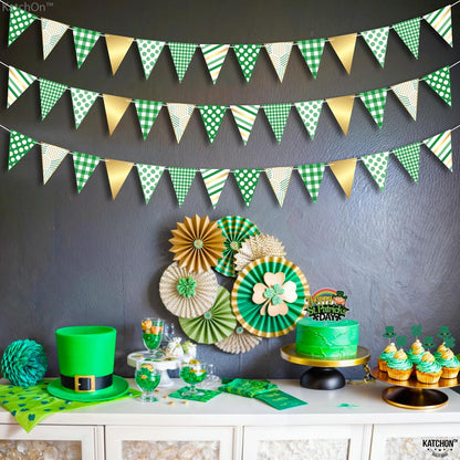 KatchOn, Christmas Pennant Banner Flags - 30 Feet | Gingham Checkered Triangle Fabric Bunting Garland Green, White and Gold | Party Decorations for Birthday, And Christmas Wall Decorations Indoor