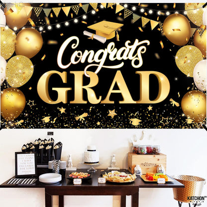 KatchOn, XtraLarge Congrats Grad Banner - 72x44 Inch, Congratulations Banner | Graduation Backdrop 2024, Black and Gold Graduation Decorations 2024 | Graduation Party Decorations 2024 Black and Gold