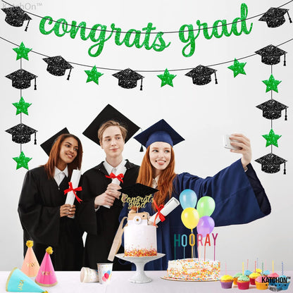 Glitter Congrats Grad Banner - 10 Feet, Pre-Strung | Green Graduation Decorations 2026 | Congratulations Banner | Congratulations Graduation Banner 2026 | Graduation Party Decorations - KatchOn