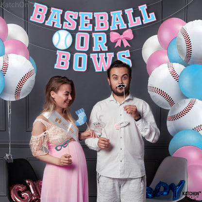 KatchOn, XtraLarge Baseball or Bows Gender Reveal Banner - 10 Feet | Blue Pink Baseball or Bows Banner, Baseball or Bows Gender Reveal Decorations | Baseball or Bows Backdrop, Baby Shower Decorations