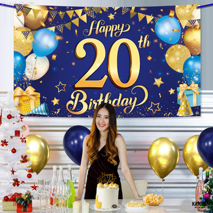 KatchOn, Blue and Gold 20th Happy Birthday Banner - 72x44 Inch | 20th Birthday Backdrop, 20th Birthday Decorations for Men | 20 Year Old Birthday Decorations | 20th Blue and Gold Birth day Decorations