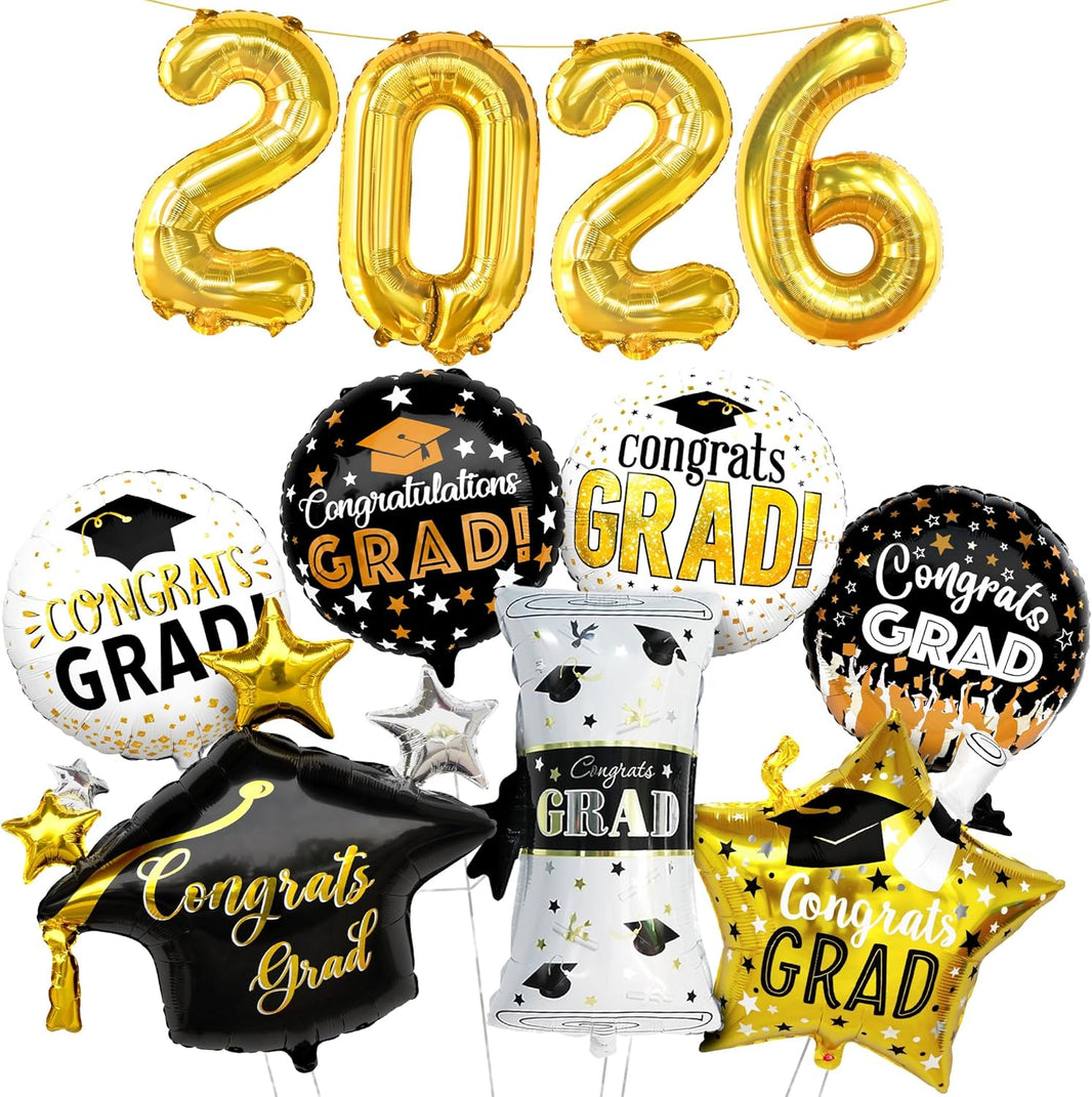 Graduation Decorations 2026 Graduation Balloons Set - Pack of 11 | Big, 28 Inch, Grad Cap Balloon | Gold 2026 Balloons, Class of 2026 Decorations | Congrats Grad Balloon | KatchOn