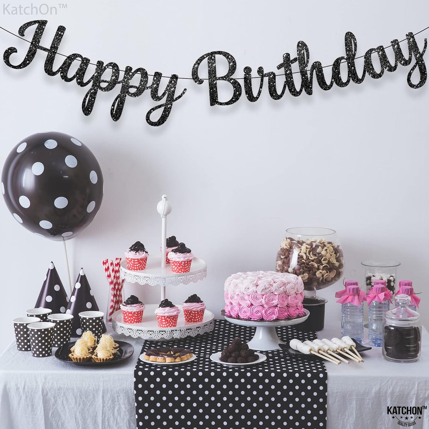 KatchOn, Glitter Black Happy Birthday Banner - 10 Feet, Pre-Strung | Happy Birthday Sign Black, Black Birthday Decorations | Black Birthday Banner, Happy Birthday Decorations | Happy Birthday Garland