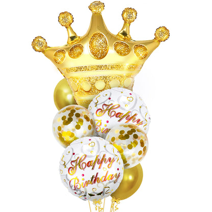 KatchOn, Gold Happy Birthday Balloon Set - 30 Inch, Pack of 7 | Gold Queen Birthday Balloon, Crown Balloons for King and Queen Party Decorations | Golden Happy Birthday Balloons For Men and Women