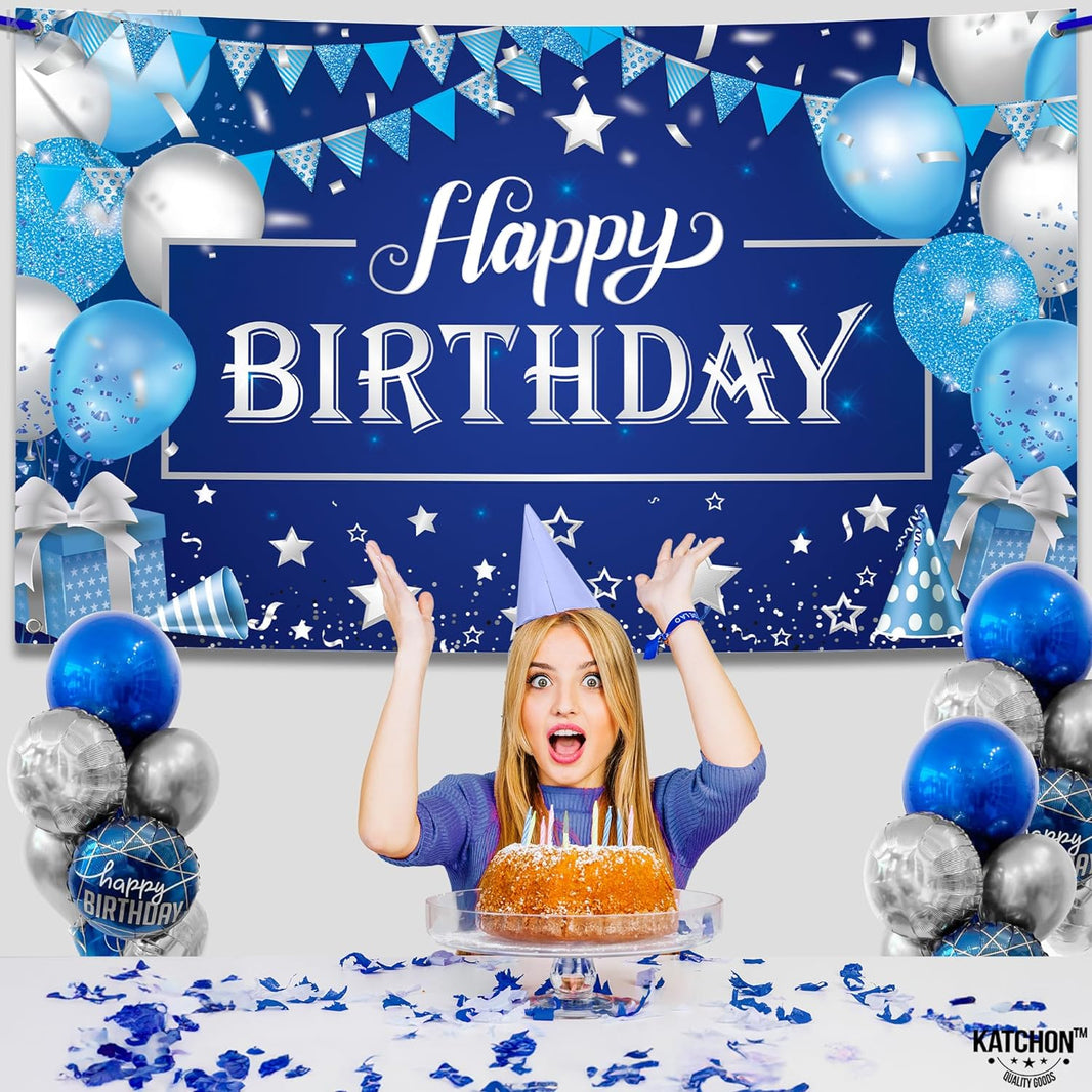 KatchOn, Large, Happy Birthday Banner Blue and Silver - 72x44 Inch | Happy Birthday Wall Banner for Men | Happy Birthday Backdrop for Boys | Happy Birthday Blue Banner, Blue Happy Birthday Decorations
