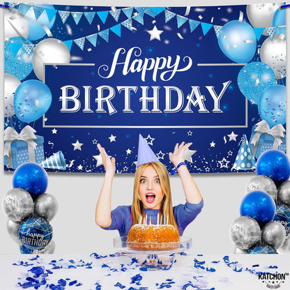 KatchOn, Large, Happy Birthday Banner Blue and Silver - 72x44 Inch | Happy Birthday Wall Banner for Men | Happy Birthday Backdrop for Boys | Happy Birthday Blue Banner, Blue Happy Birthday Decorations