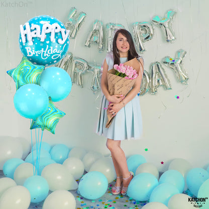 KatchOn, Blue Happy Birthday Balloon Set - 23 Inch, Large, Pack of 5 | Sea Turtle Birthday Decorations, Blue Sea Turtle Balloons | Teal Happy Birthday Balloons for Turtle Themed Birthday Decorations