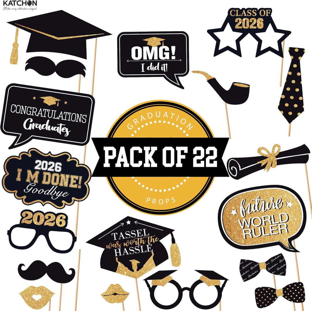 KatchOn, Graduation Photo Booth Props 2026 - Pack of 22 | Black and Gold Graduation Photo Props | Graduation Decorations 2026, Graduation Props For Congrats Grad Decorations, Class Of 2026 Decorations