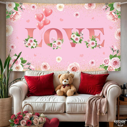 KatchOn, Pink Love Valentines Backdrop - XtraLarge, 72x44 Inch | Valentine Backdrop for Photography | Valentine Banner, Valentines Day Decorations | Valentines Decor | Galentines Day Decorations