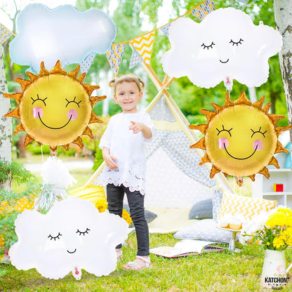 KatchOn, Big Sun and Cloud Balloons Set - 29 Inch, Pack of 5 | Foil Sun Balloon, Sunshine Party Decorations | Sunshine Baby Shower Decorations | Boho Sunshine Balloons for Sun Baby Shower Decorations