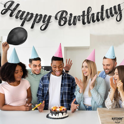 Katchon, Glitter Black Happy Birthday Banner - 10 Feet, Pre-Strung, No DIY | Birthday Banners for Adults, Black Happy Birthday Sign for Girls | Happy Birthday Sign for Happy Birthday Decorations