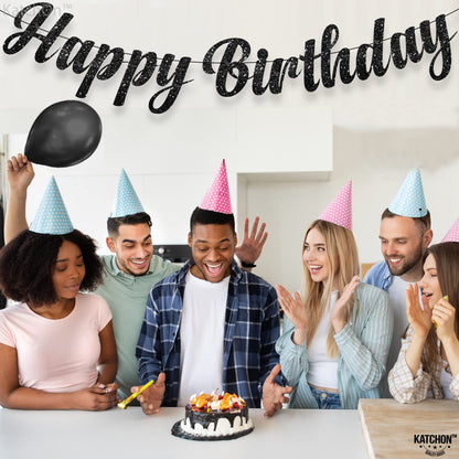 KatchOn, Glitter Black Happy Birthday Banner - Pre-Strung, 10 Feet |  Birthday Decorations for Men, Women | Happy Birthday Banner Backdrop For Black Party Decorations, Halloween Decorations