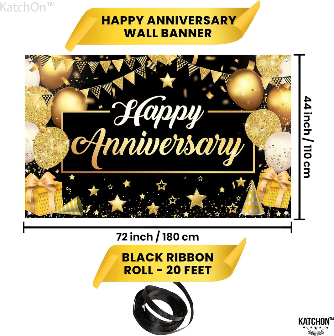 KatchOn, Happy Anniversary Banner Black and Gold - XtraLarge, 72x44 Inch | Happy Anniversary Decorations for Party, Happy Anniversary Backdrop | Happy Anniversary Sign, Wedding Anniversary Decorations