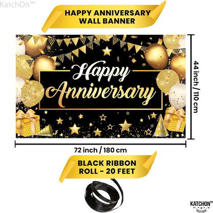 KatchOn, Happy Anniversary Banner Black and Gold - XtraLarge, 72x44 Inch | Happy Anniversary Decorations for Party, Happy Anniversary Backdrop | Happy Anniversary Sign, Wedding Anniversary Decorations