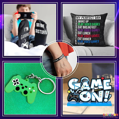 KatchOn, Gamer Gift Set - Pack of 5 | Christmas Stocking Stuffers for Teen Boys, Pillow Cover, Socks, Keychain, Bracelet & Centerpiece | Birthday, Gaming Gift for Boys, Boyfriend | Gamer Accessories