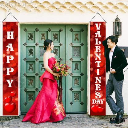 KatchOn, Red Heart Happy Valentines Day Banner - 72x12 Inch | Happy Valentines Banner Porch Sign | Red Valentines Day Door Banner | Happy Valentines Day Decorations for the Home