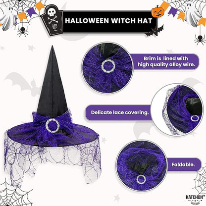 KatchOn Halloween Purple Witch Hat And Broom, Witch Hat Women