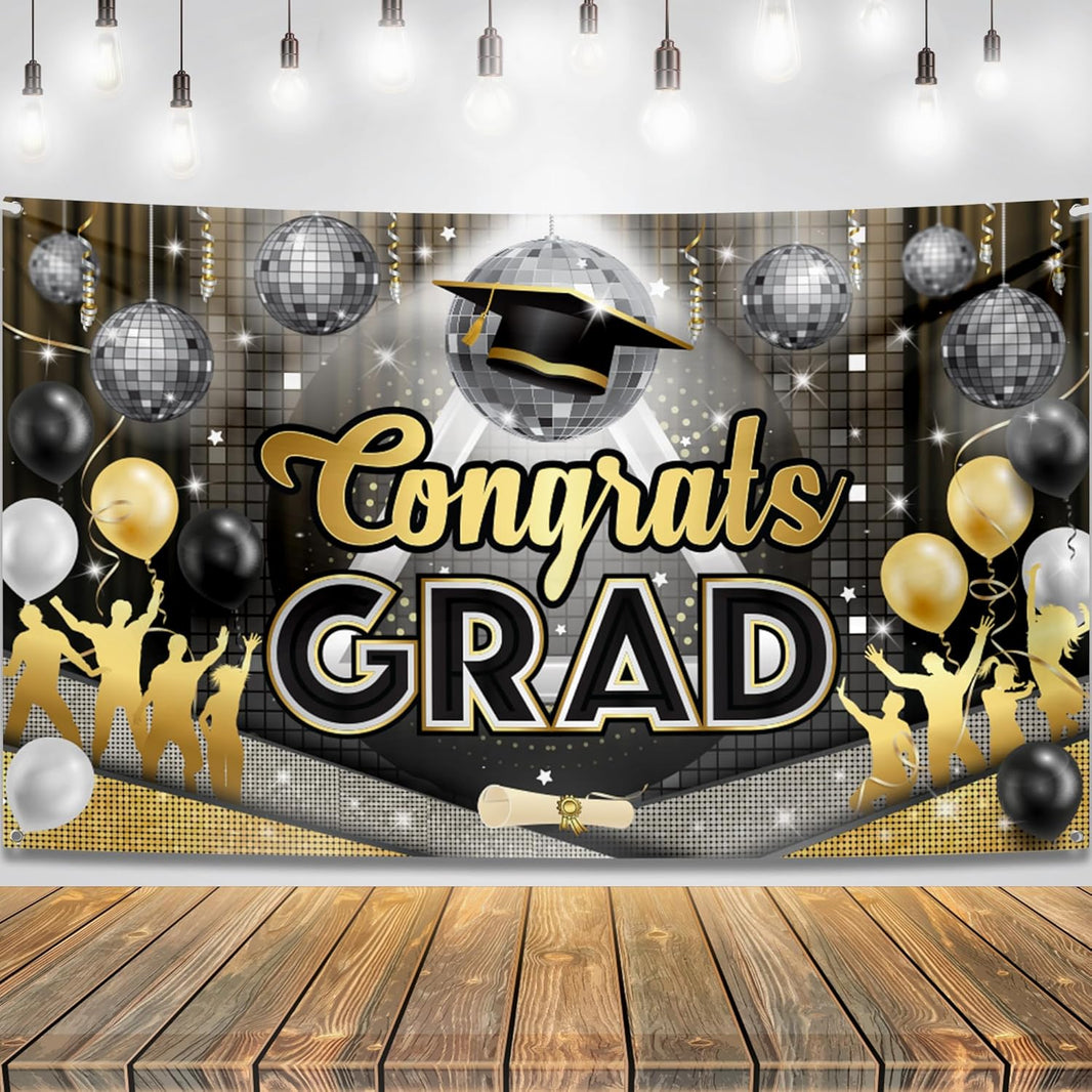 KatchOn, XtraLarge Congrats Grad Banner - 72x44 Inch | Graduation Backdrop Class of 2026 for Black and Gold Graduation Decorations 2026 | Disco Grad Banner