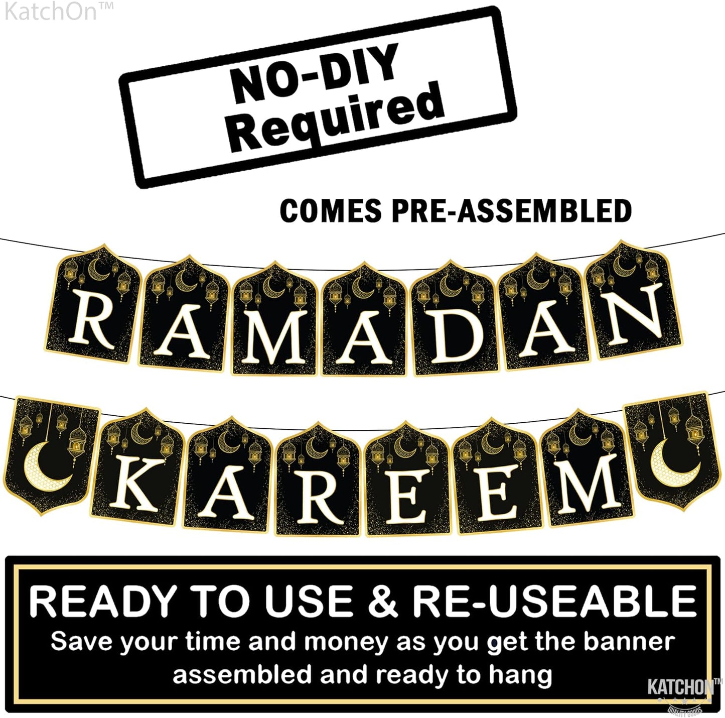 KatchOn, Ramadan Kareem Banner for Ramadan Decorations - 10 Feet, No DIY | Ramadan Mubarak Banner for Ramadan Decorations for Home | Ramadan Banner for Eid Decorations | Black and Gold Ramadan Decor