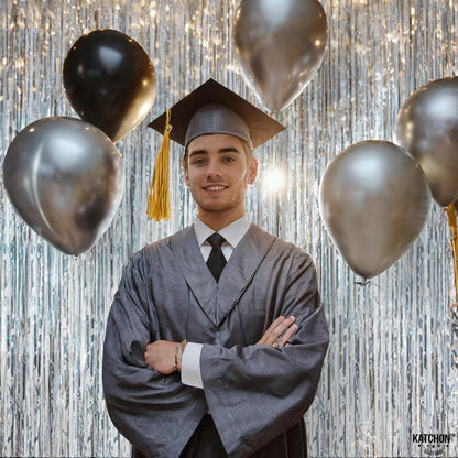 KatchOn, XtraLarge Silver Foil Fringe Curtain - 3.2x8 ft Pack of 2, Streamers Backdrop for Graduation Decorations 2026, Silver Fringe Backdrop for Birthday Decor, Bachelorette party decorations