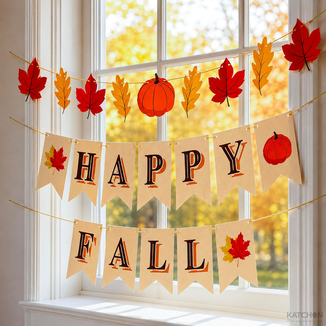 Happy Fall Banner, 3 strings - No DIY Required | Happy Fall Banner with Maple Leaves and Pumpkin for Fall Decor, Fall Decorations for Mantle Fireplace, Thanksgiving Banner - KatchOn