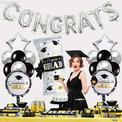 KatchOn, Silver Congrats Balloons Set - Big 28 Inch, Pack of 27 | Black and Silver Graduation Decorations 2026 | Congratulations Balloons, Graduation Decorations Class of 2026