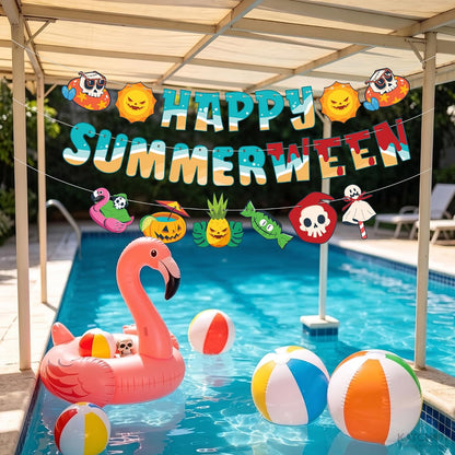 Katchon Summer Halloween Decorations for Pool Party 10 Feet | Happy Summerween Banner, 3 Strings Pre-Strung, Each, Summerween Party Decorations, Beach Party & Tropical Spooky Celebration