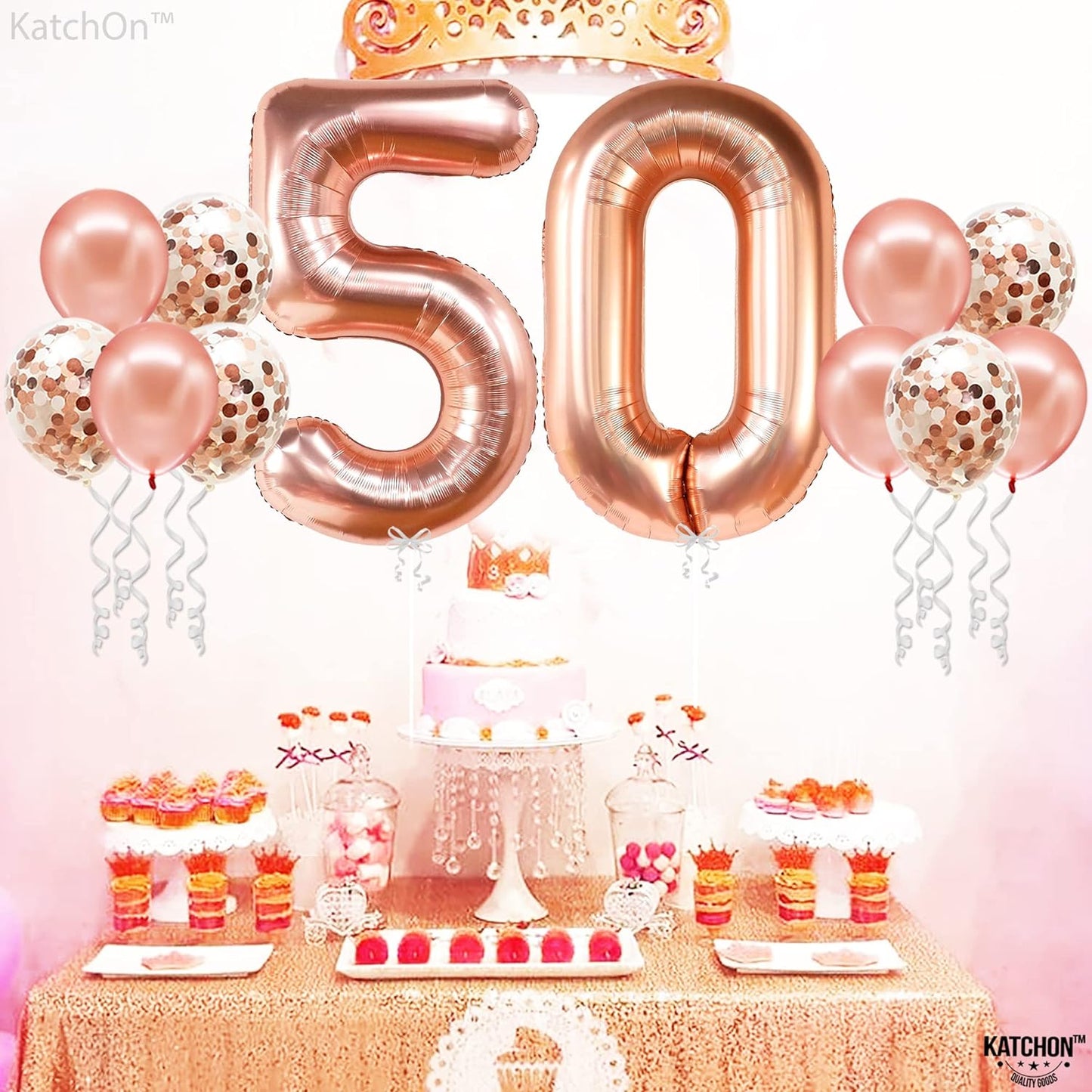 KatchOn, Giant Rose Gold 50th Birthday Balloons - 40 Inch | 50 Balloon Number, Confetti Balloons | 50 Birthday Balloons for 50 and Fabulous Birthday Decorations | 50th Birthday Decorations for Women