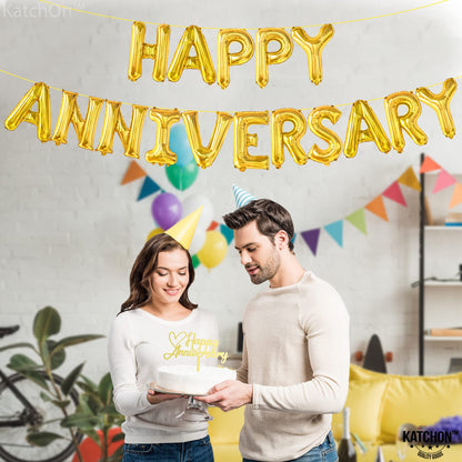 KatchOn, Gold Happy Anniversary Balloons Letters - Big, 16 Inch | Gold Happy Anniversary Decorations | Wedding anniversary Party Decorations | Wedding Love Party Celebrations