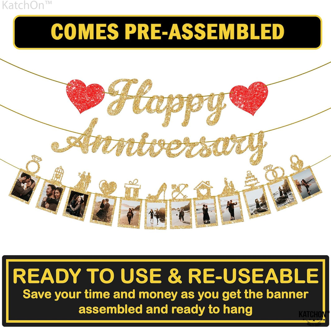 KatchOn, Glitter Happy Anniversary Photo Banner - 10 Feet, 2 Strings | Happy Anniversary Banner, Happy Anniversary Decorations | Wedding Anniversary Banner, Happy Gold 2 Year Anniversary Decorations