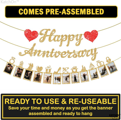 KatchOn, Glitter Happy Anniversary Photo Banner - 10 Feet, 2 Strings | Happy Anniversary Banner, Happy Anniversary Decorations | Wedding Anniversary Banner, Happy Gold 2 Year Anniversary Decorations