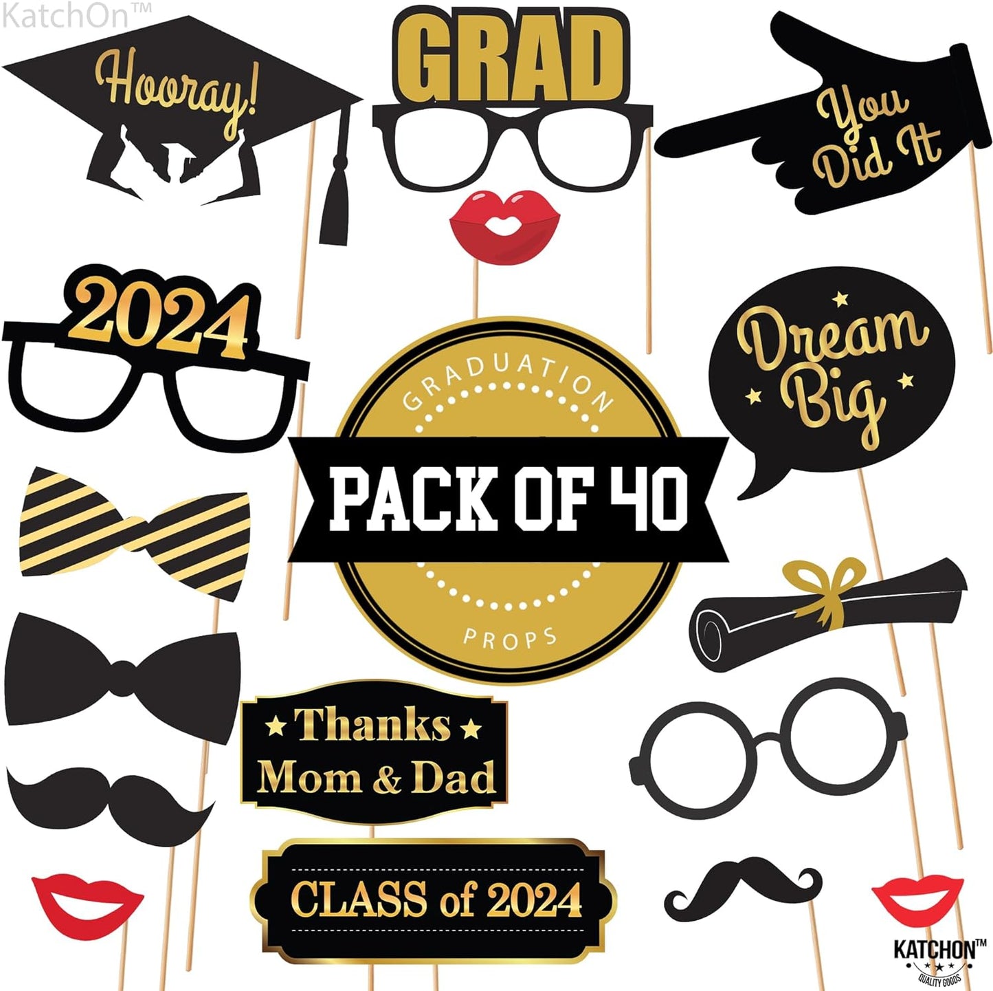 KatchOn, Black and Gold Graduation Photo Booth Props - Pack of 40 | Graduation Props 2024 for Photoshoot | Graduation Photo Props, Graduation Decorations Class of 2024 | Grad Photo Booth Props 2024