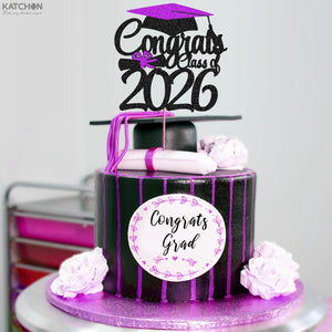 Graduation Decorations 2026, Glitter Graduation Cake Topper 2026 - Congrats Grad Cake Topper | Dessert Topper Class of 2026 | Purple, Black Grad Decorations Class of 2026 - KatchOn