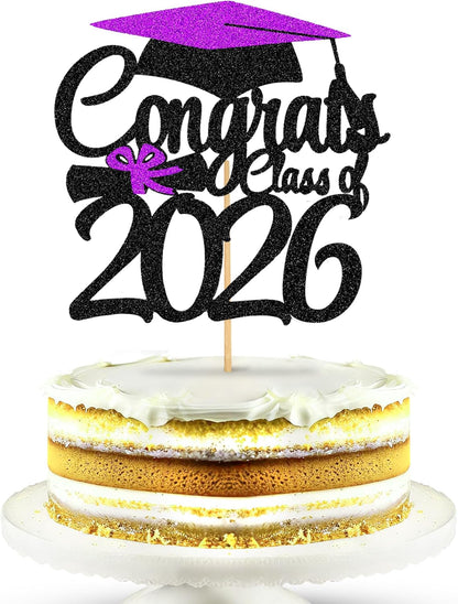 Graduation Decorations 2026, Glitter Graduation Cake Topper 2026 - Congrats Grad Cake Topper | Dessert Topper Class of 2026 | Purple, Black Grad Decorations Class of 2026 - KatchOn