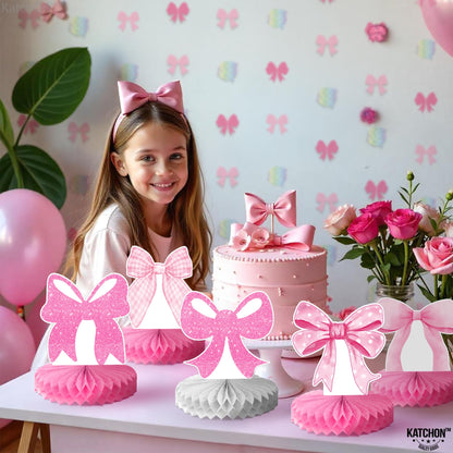 KatchOn, Pink Bow Party Honeycomb Centerpieces - Pack Of 12 | Coquette Birthday Decorations | Bow Birthday Table Centerpieces For Baby Shower Bachelorette Bridal Wedding Decorations | Pink Party Décor