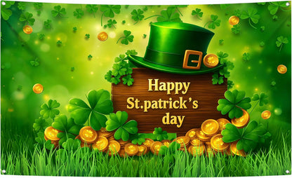 Happy St Patrick's Day Banner - 72x44 Inch | St Patricks Day Backdrop for Photography | Happy St Patricks Day Decorations Banners | Shamrock Decorations | St Patricks Day Decor Banner wall poster