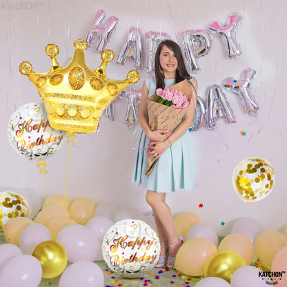 KatchOn, Gold Happy Birthday Balloon Set - 30 Inch, Pack of 7 | Gold Queen Birthday Balloon, Crown Balloons for King and Queen Party Decorations | Golden Happy Birthday Balloons For Men and Women