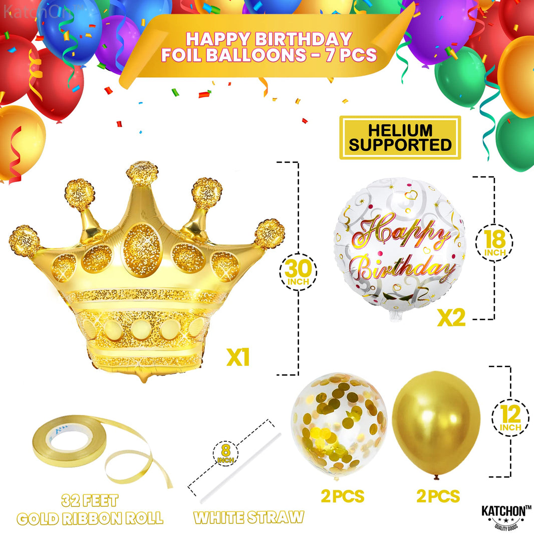 KatchOn, Gold Happy Birthday Balloon Set - 30 Inch, Pack of 7 | Gold Queen Birthday Balloon, Crown Balloons for King and Queen Party Decorations | Golden Happy Birthday Balloons For Men and Women