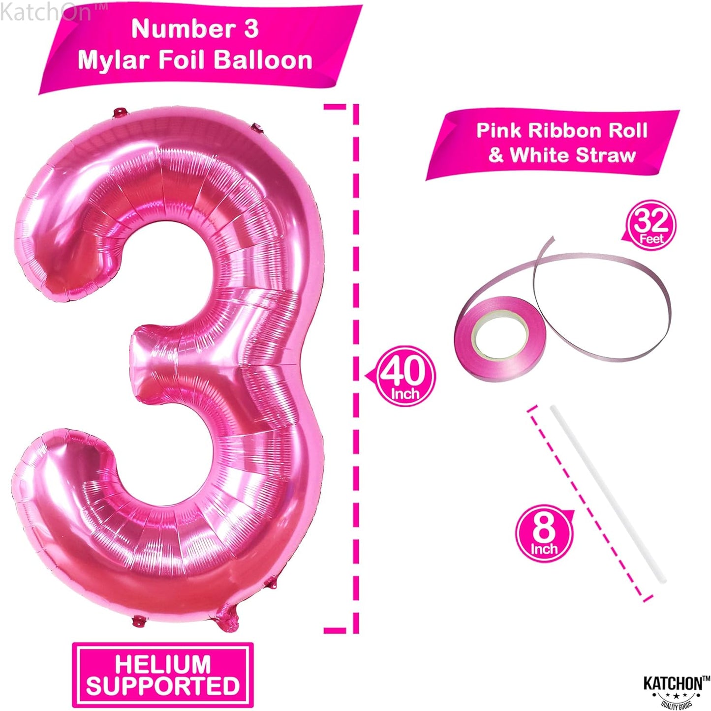 KatchOn, Hot Pink 3 Balloon Number - 40 Inch | Pink 3 Birthday Balloons for Girls, Hot Pink Birthday Decorations | Hot Pink Number 3 Balloon | Pink Three Balloon, 3rd Birthday Decorations for Girls