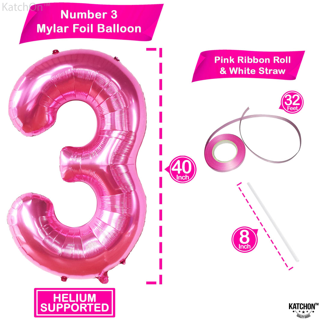 KatchOn, Giant Hot Pink Number 3 Balloon - 40 Inch | Number 3 Foil Balloon | 3rd Pink Birthday Decorations for Girls | 3rd Anniversary Decorations | Pink Party Decorations
