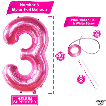 KatchOn, Giant Hot Pink Number 3 Balloon - 40 Inch | Number 3 Foil Balloon | 3rd Pink Birthday Decorations for Girls | 3rd Anniversary Decorations | Pink Party Decorations