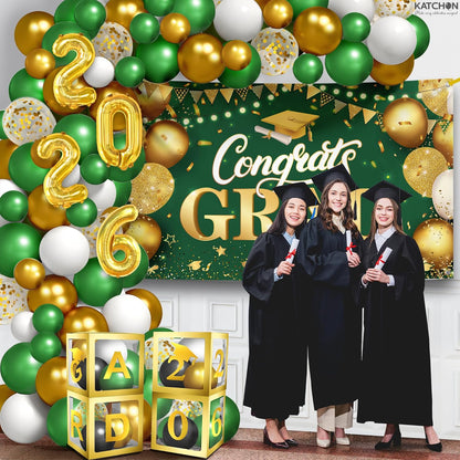 Graduation Decorations 2026 | Green and Gold - Pack of 76 | Congrats Grad Banner | Green Graduation Banner and Grad Balloon Boxes | Graduation Balloon Arch Kit 2026 Graduation Decorations, KatchOn