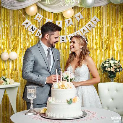 KatchOn, Gold Backdrop Curtain - 2 Pcs | Foil Fringe Curtain for 50th Birthday Decorations | Gold Streamers for New Years, Casino, Bachelorette, 50th Anniversary Decorations