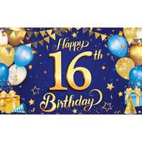 KatchOn, XtraLarge Blue and Gold Happy 16th Birthday Banner - 72x44 Inch | 16th Backdrop for Happy Birthday Decorations | Blue and Gold Party Decorations