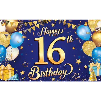 KatchOn, XtraLarge Blue and Gold Happy 16th Birthday Banner - 72x44 Inch | 16th Backdrop for Happy Birthday Decorations | Blue and Gold Party Decorations