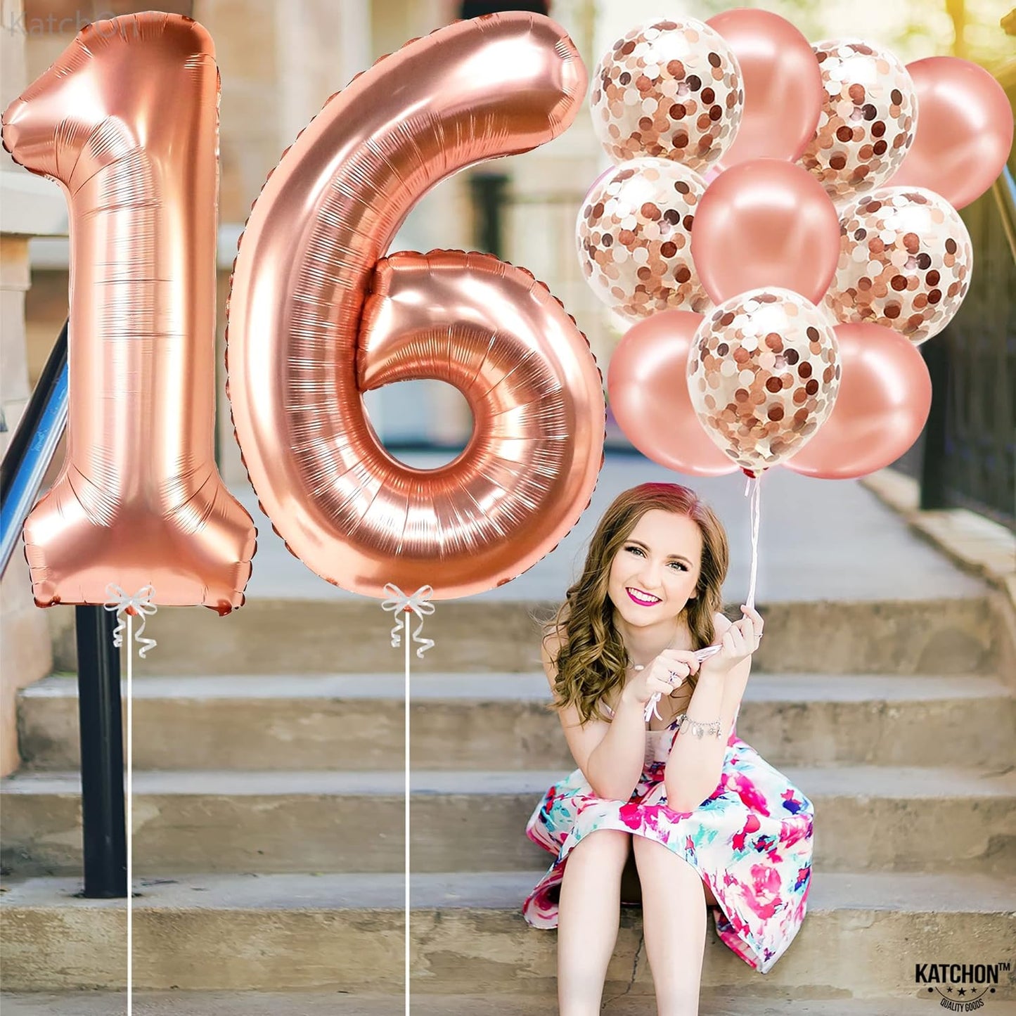 KatchOn, Rose Gold Sweet 16 Birthday Decorations - 40 Inch | Sweet 16 Balloons Rose Gold | Rose Gold 16 Balloon Numbers and Confetti Ballons | Sweet Sixteen Balloons | 16th Birthday Balloons for Girls