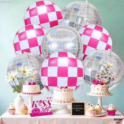 KatchOn, Pink White and Disco Ball Foil Balloons - 23 Inch, Pack of 8 | Galentines Balloons, Galentines Day Decorations | Pink and White Round Checkered Balloon, Cowgirl Birthday Party Decorations